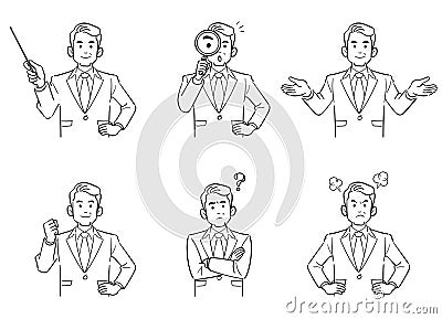 Middle-aged businessman upper body 6 piece set 2 line drawing Vector Illustration