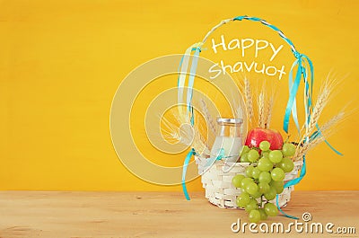 image of milk and fruits. Symbols of jewish holiday - Shavuot Stock Photo