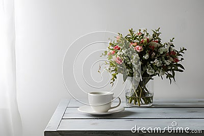 Image Minimalist elegance white cup on table against white backdrop Stock Photo