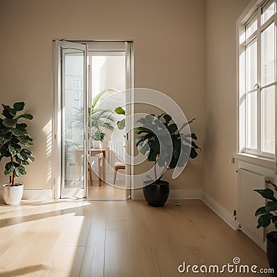 mock up of beautiful apartment an open folding door of kitchen and dining room, morning sunlight and window frame shadow Stock Photo