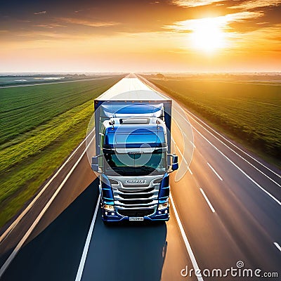 image of modern large trailer driving down an empty road at Logistics Freight Fast Cartoon Illustration