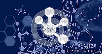 Image of molecules over data processing and chemical formula on black background Stock Photo