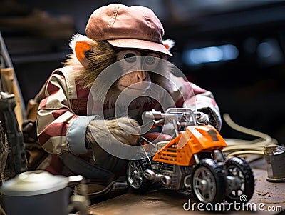 Monkey mechanic working on toy car 6 words Stock Photo