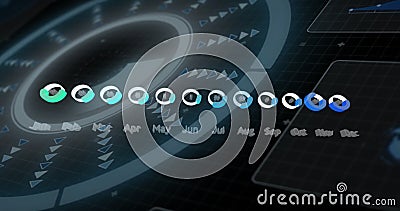 Image of monthly data over circular scanner processing on black interface Stock Photo