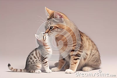 Image of mother cat and kitten showing love to each other. Pet. Animals. Illustration, generative AI Stock Photo
