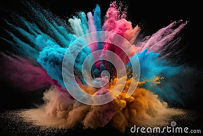 An image of a multicolor powder explosion on a black background, with a realistic photo of a seamless texture. Generative AI Stock Photo