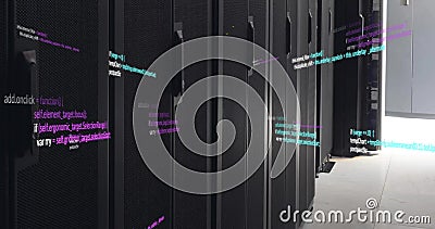 Image of multicolored computer programming language over data server room Stock Photo