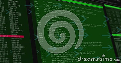 Image of multiple arrow icons moving side wards over data processing against black background Stock Photo