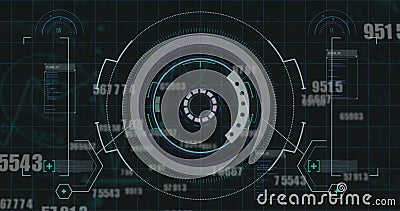Image of multiple changing numbers over interface with round scanner and data processing Stock Photo