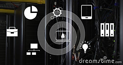Image of multiple digital icons floating against close up of a computer server Stock Photo