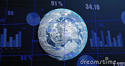 Image of multiple graphs and changing numbers with grid pattern over rotating globe Cartoon Illustration