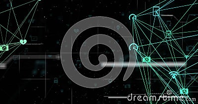 Image of multiple icons connected with lines forming globes and programming language moving Stock Photo
