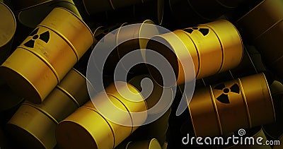 Image of multiple yellow barrels with black nuclear symbols Stock Photo