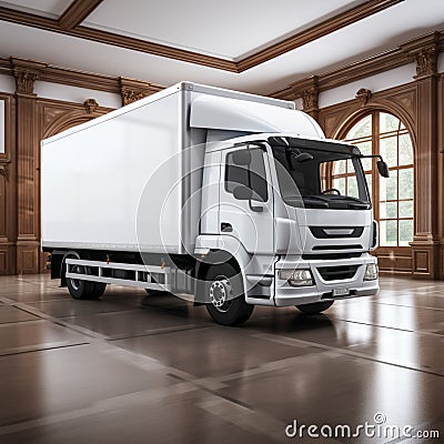 Image On a muted floor, a white delivery truck delivers efficiently Stock Photo