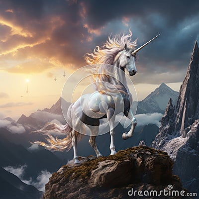 image of a mystical unicorn standing on a mountaintop, its mane flowing in the wind by AI generated Stock Photo