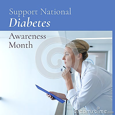 Image of national diabetes awareness month over thoughtful caucaisan female doctor Stock Photo