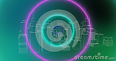 Image of neon circles over metaverse city on green background Stock Photo