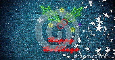 Image of neon happy holiday text over falling stars Stock Photo