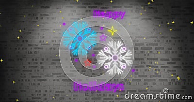 Image of neon happy holiday text over snowflakes Stock Photo
