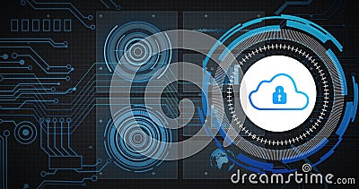 Image of network, charts processing data and scanner with padlock cloud icon Stock Photo