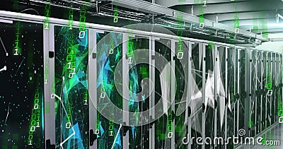 Image of network of connections with falling binary coding over server room Stock Photo