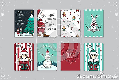 Image with New Year's cards. Postcard with Christmas tree and elves, Santa, gingerbread man and caramels, bunny, elf Cartoon Illustration