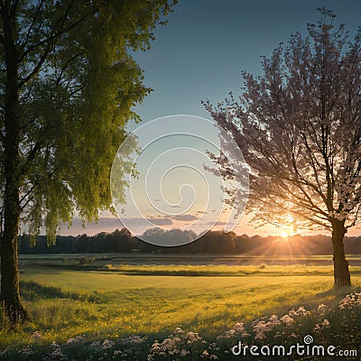 a nice sunset in a Dutch polder landscape with willow trees, ditches and cow par... Stock Photo