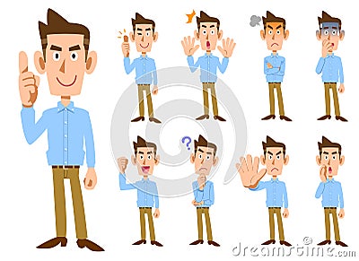 Nine kinds of gestures and facial expressions of a man wearing a light blue shirt Vector Illustration