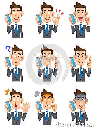 Nine poses of a man in a suit talking on a mobile phone Vector Illustration