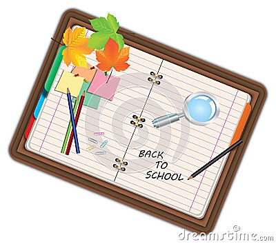 Image of notebook, pocketbook, diary with sign back to school and school supplies, equipment, accessories, items, tools. Cartoon i Cartoon Illustration
