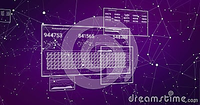 Image of numbers changing and data processing on computer screens over purple background Stock Photo