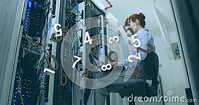 Image of numbers changing and processing over woman using laptop checking computer server Stock Photo