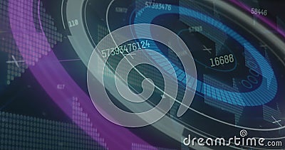 Image of numbers changing and scope scanning over digital arrows Stock Photo
