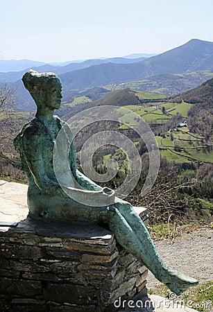 Image in O Cebreiro of a sculpture in homage to the pilgrims. Editorial Stock Photo