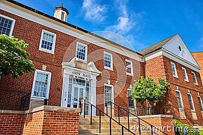 Old brick City Hall downtown Mount Vernon Ohio building with steps and metal railing Editorial Stock Photo