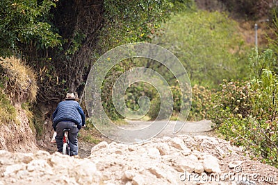 Image of an old man biking in rural part of Urubamba Peru Editorial Stock Photo