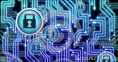 Image of online security padlocks, data processing over computer circuit board Stock Photo
