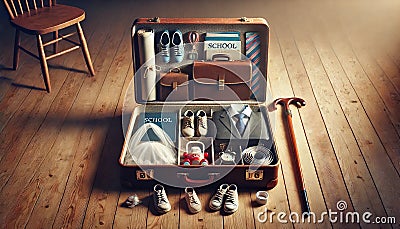 An image of an open suitcase filled with objects symbolizing different stages of life Stock Photo