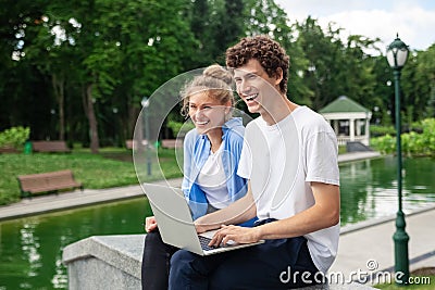 Image of optimistic couple happy freelance people Stock Photo