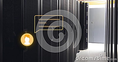 Image of orange chat bot message icon over computer server room Stock Photo