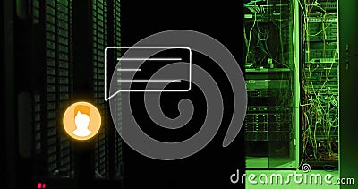 Image of orange chat bot message icon over glowing computer server in dark room Stock Photo