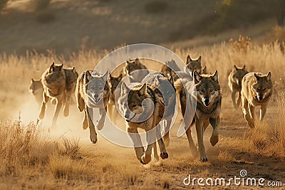 Image of a pack of wolves in a dry forest. Wild Animals. Illustration, Generative AI Stock Photo