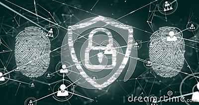Image of padlock, biometric fingerprint, network of connections with icons and data processing Stock Photo