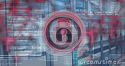 Image of padlock in circle over programming language in squares against server room Stock Photo