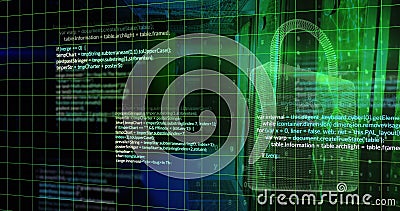 Image of padlock, computer language, letters, numbers and padlock over server room Stock Photo