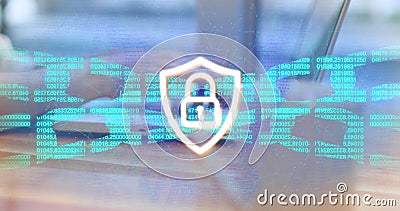 Image of padlock in shield, numbers in blockchain, connected dots, cropped hands using laptop Stock Photo