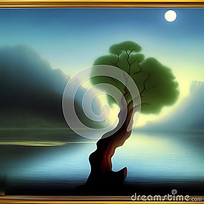 image of the painterly tree around the foggy lake in the late night. Stock Photo