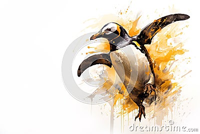 Image of painting cheerful penguin on a white background., Bird., Wildlife Animals Stock Photo