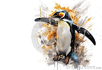 Image of painting cheerful penguin on a white background., Bird., Wildlife Animals Stock Photo