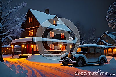 a nostalgic scene of an old city during a snowy winter night Stock Photo